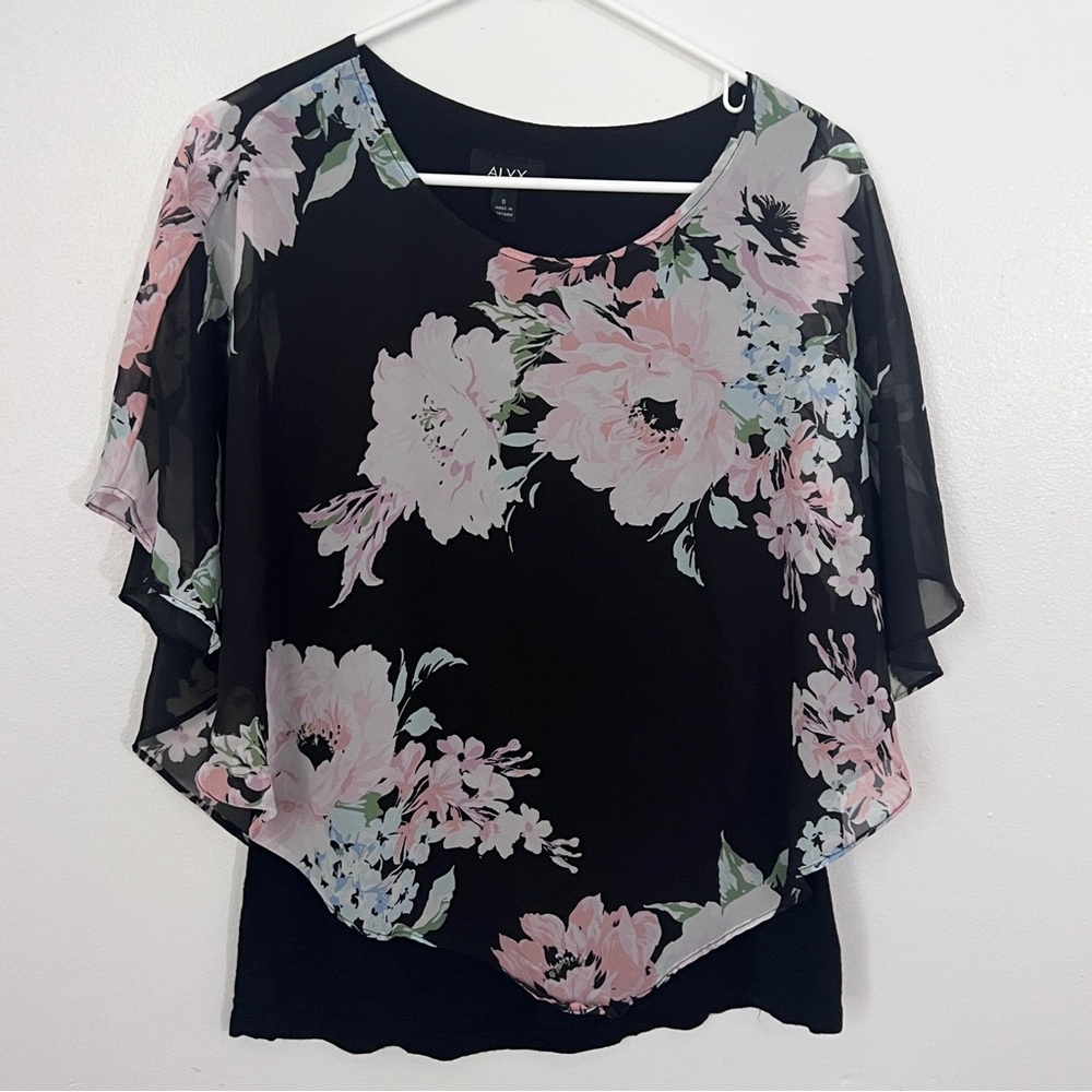 Alyx Black Sheer Floral Overlay Top with Pink Blooms